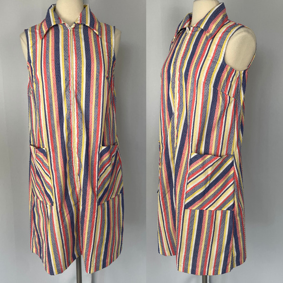 Vintage Dresses & Skirts - Vintage Smock Dress Size Large Red Blue Stripe Seersucker Zip Casual Retro 70s